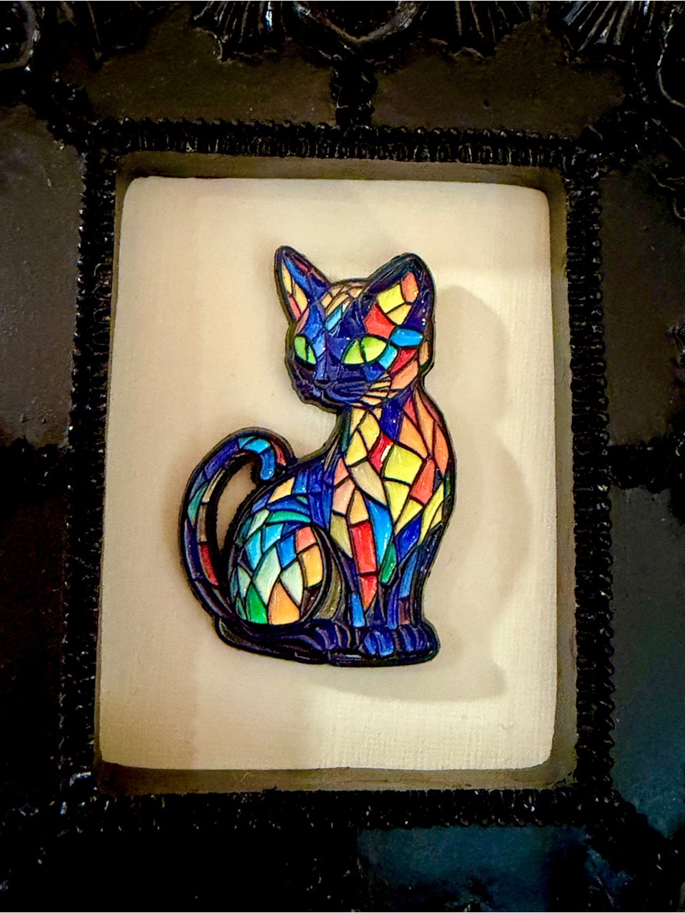 Colorful Mosaic Cat Framed Mini Art Gothic Black Frame Decor - Picture 3 of 5